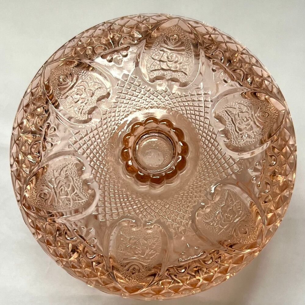 Vintage Pink Glass Heart Motif Embossed Sugar, Candy, Trinket Dish with Lid - Picture 2 of 13